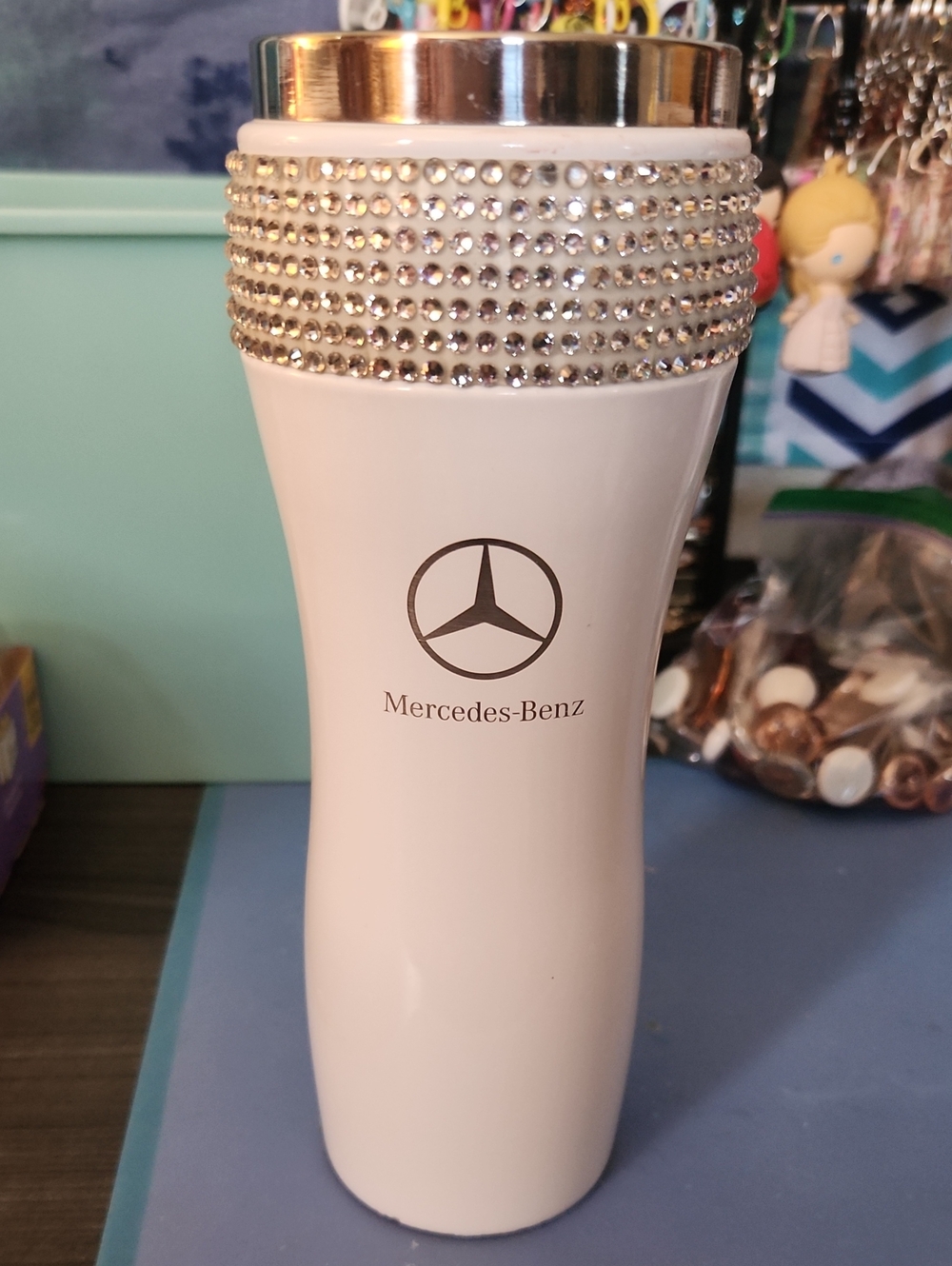 White Rhinestone Mercedes Benz Tumbler With No Lid